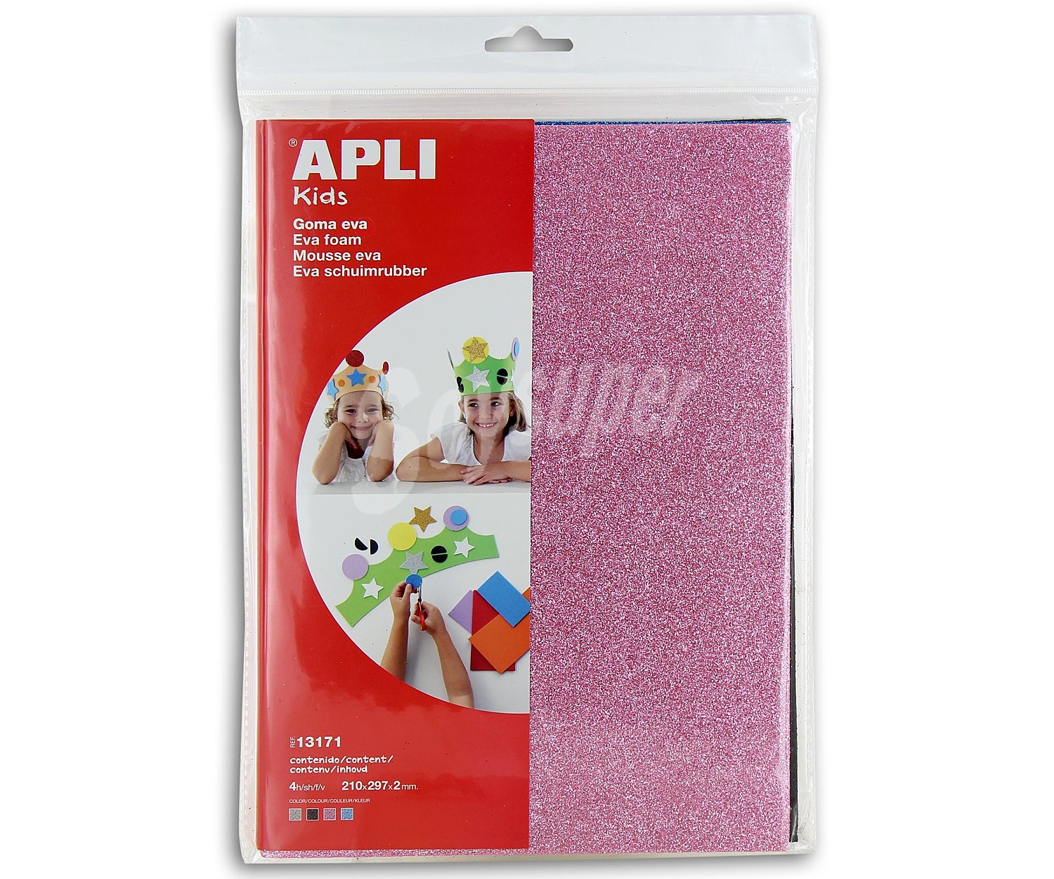 Bolsa de planchas de foam, goma eva de diferentes colores con purpurina y medidas de 210x297x2 milímetros apli