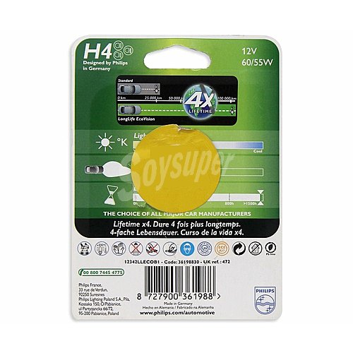 Bombilla halógena para automóvil, tipo H4, base p43t,38 y potencia de 55/60W philips Longlife ecovision