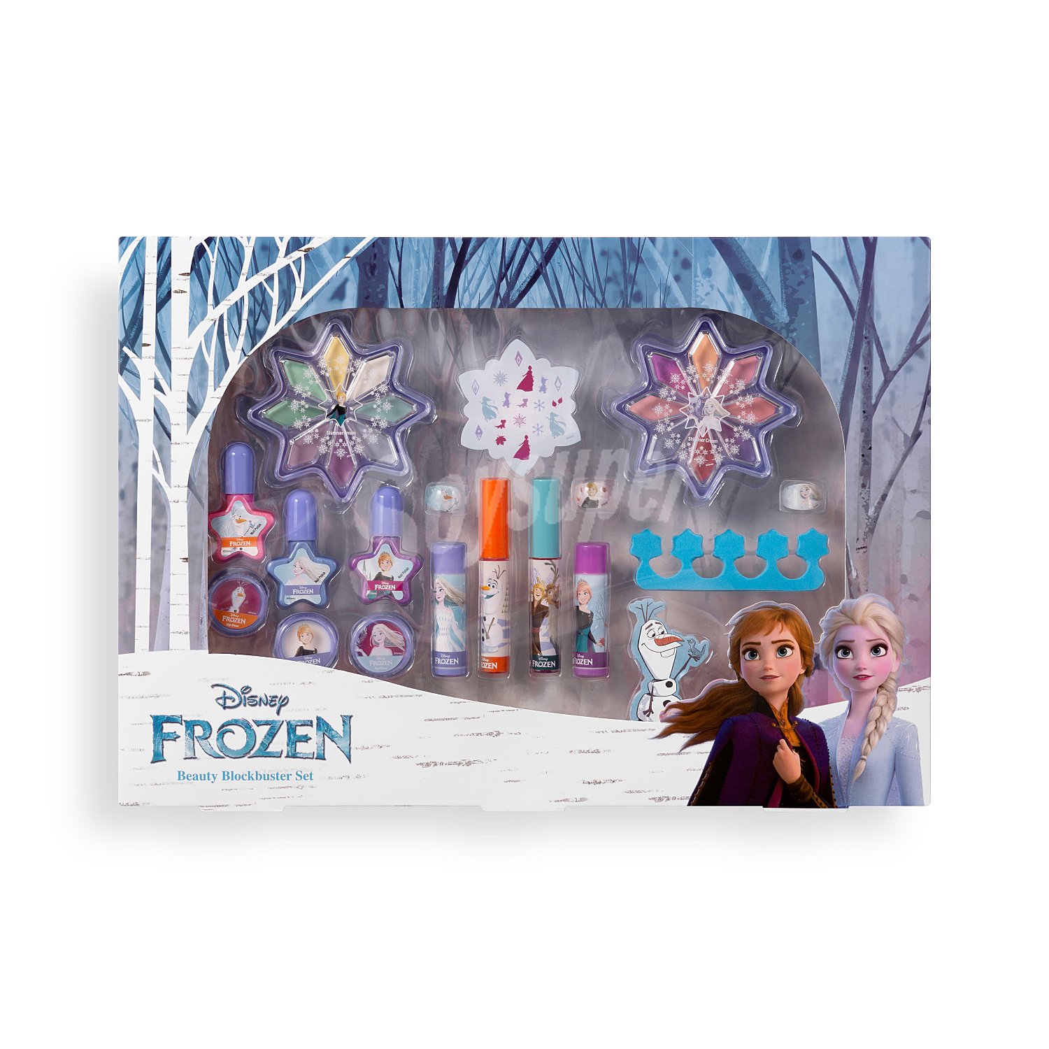 Lote infantil cosmetica frozen 16 sombras + 3 lacas uñas + 4 lip gloss + 3 balsamos + 3 anillos + plantilla uñas + 1 lima + 1 separador dedos