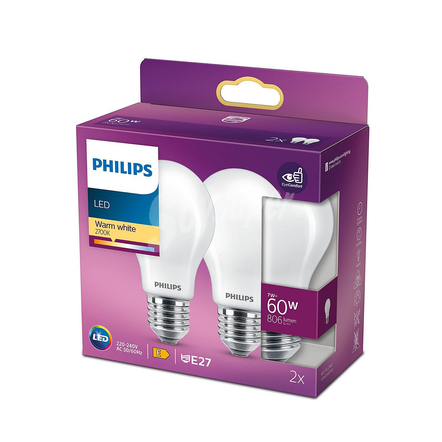 Bombillas Led E27, 7W=60W, luz cálida 2700K, philips