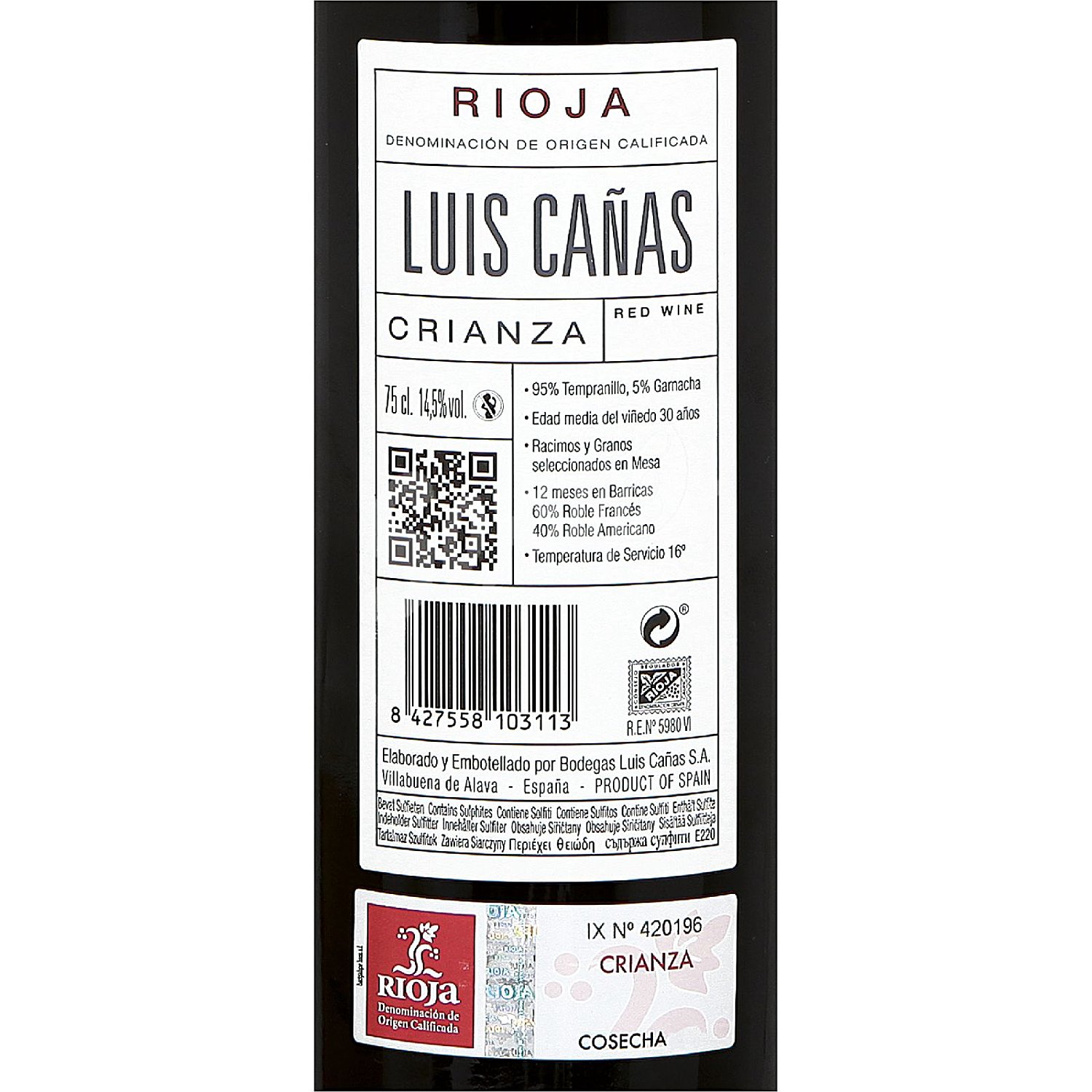 Vino tinto crianza con denominación de origen Rioja