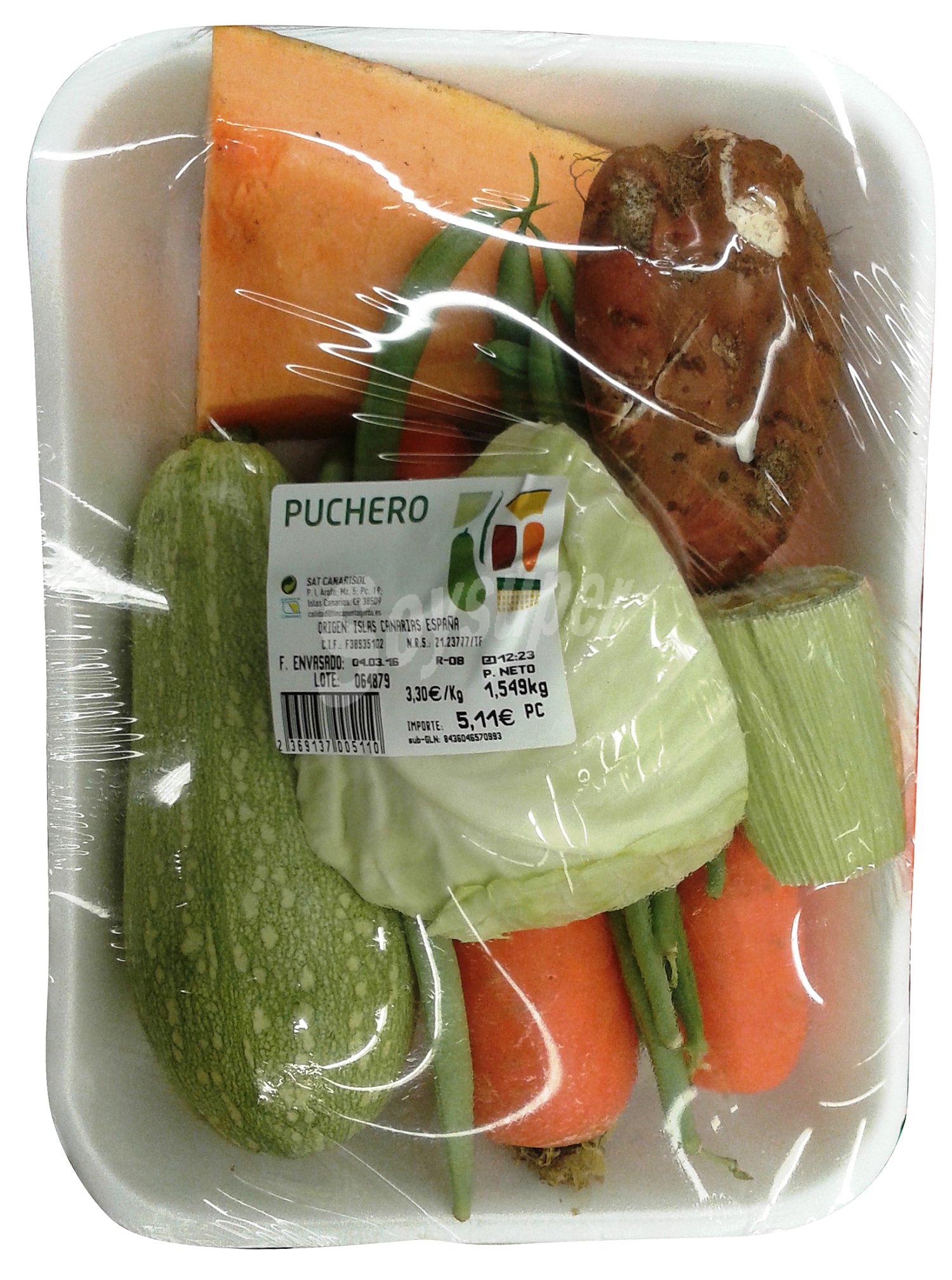 Verdura puchero (calabacin, habichuela, calabaza, batata, col, zanahoria Y piña millo), varios, bandeja 1500 g aprox(peso aproximado DE LA )