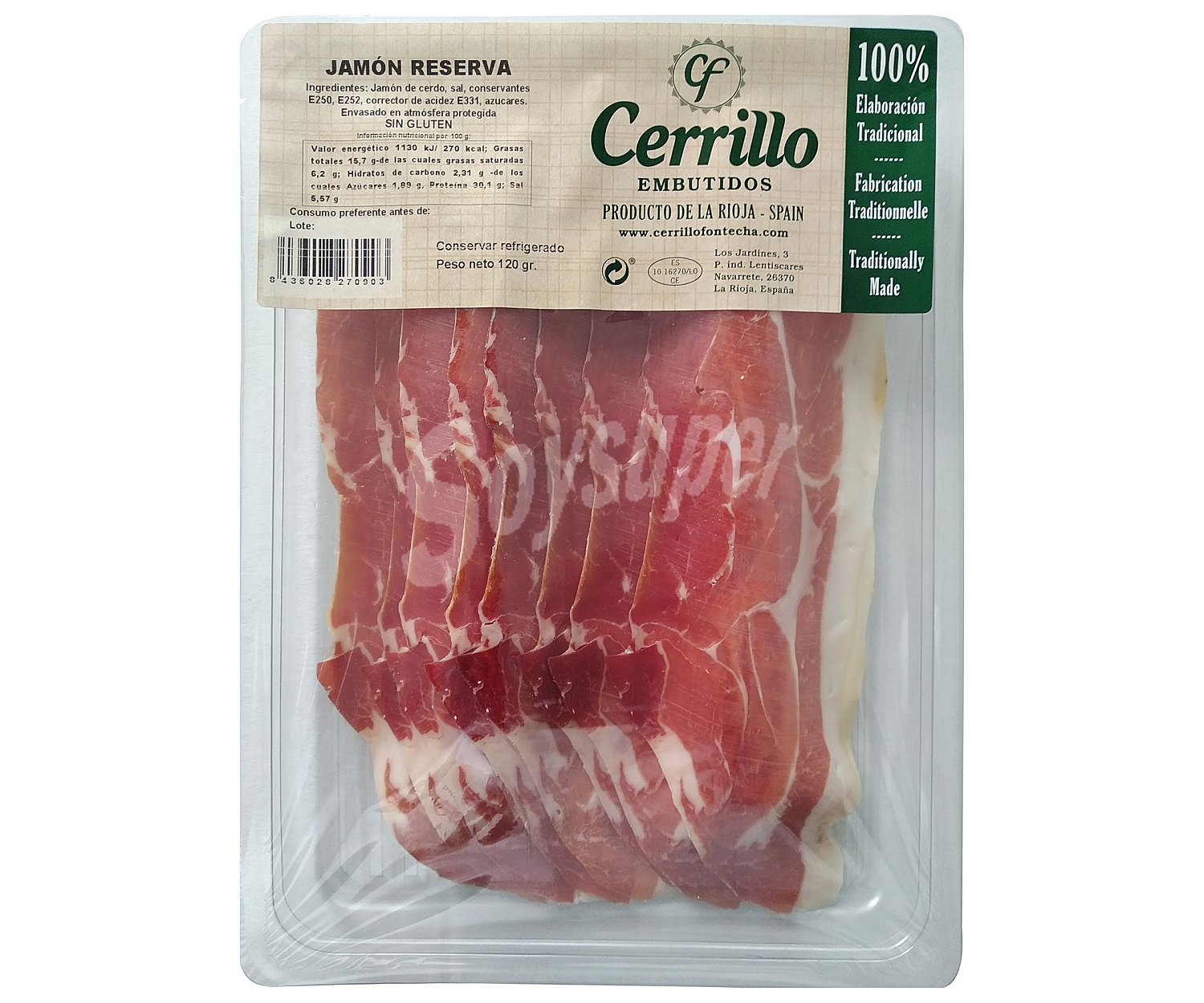 Cerrillo Jamón curado reserva, sin gluten y cortado en lonchas cerrillo