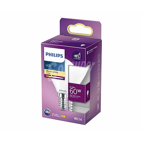 Bombilla Led E14, 6,5W=60W, luz cálida , 806lm, philips