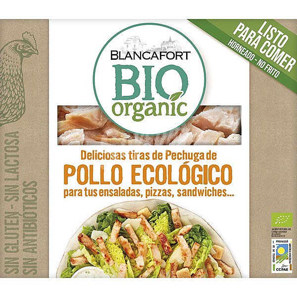 Bio Organic tiras de pechuga de pollo ecológico, sin gluten y sin lactosa