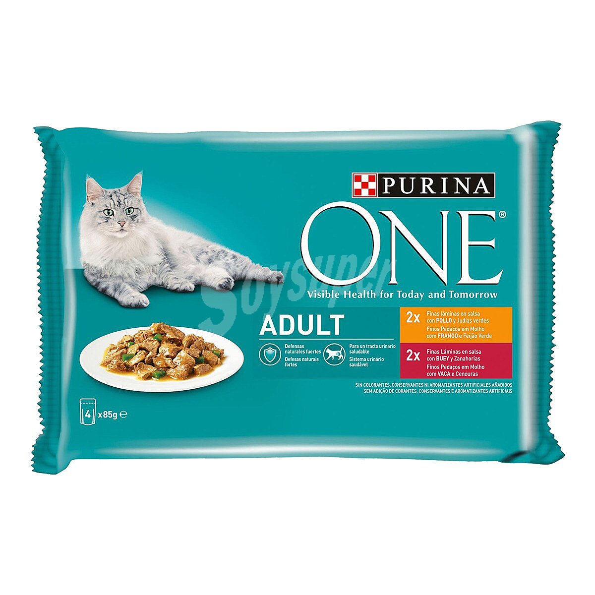 Comida para gatos adultos a base de salsa de pollo y judías verdes