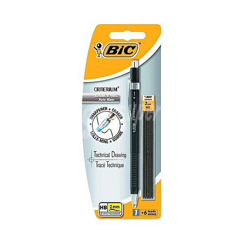 Portaminas con grosor de escritura de 2 milim + 6 minas extraresistentes de dureza HB BIC Criterium