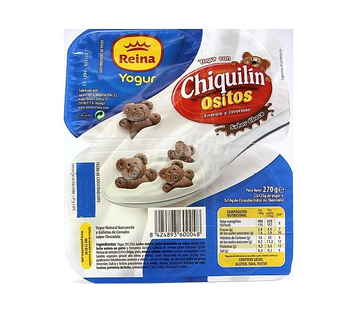 Yogur natural azucarado sabor chocolate y con ositos de galleta (chiquilin)