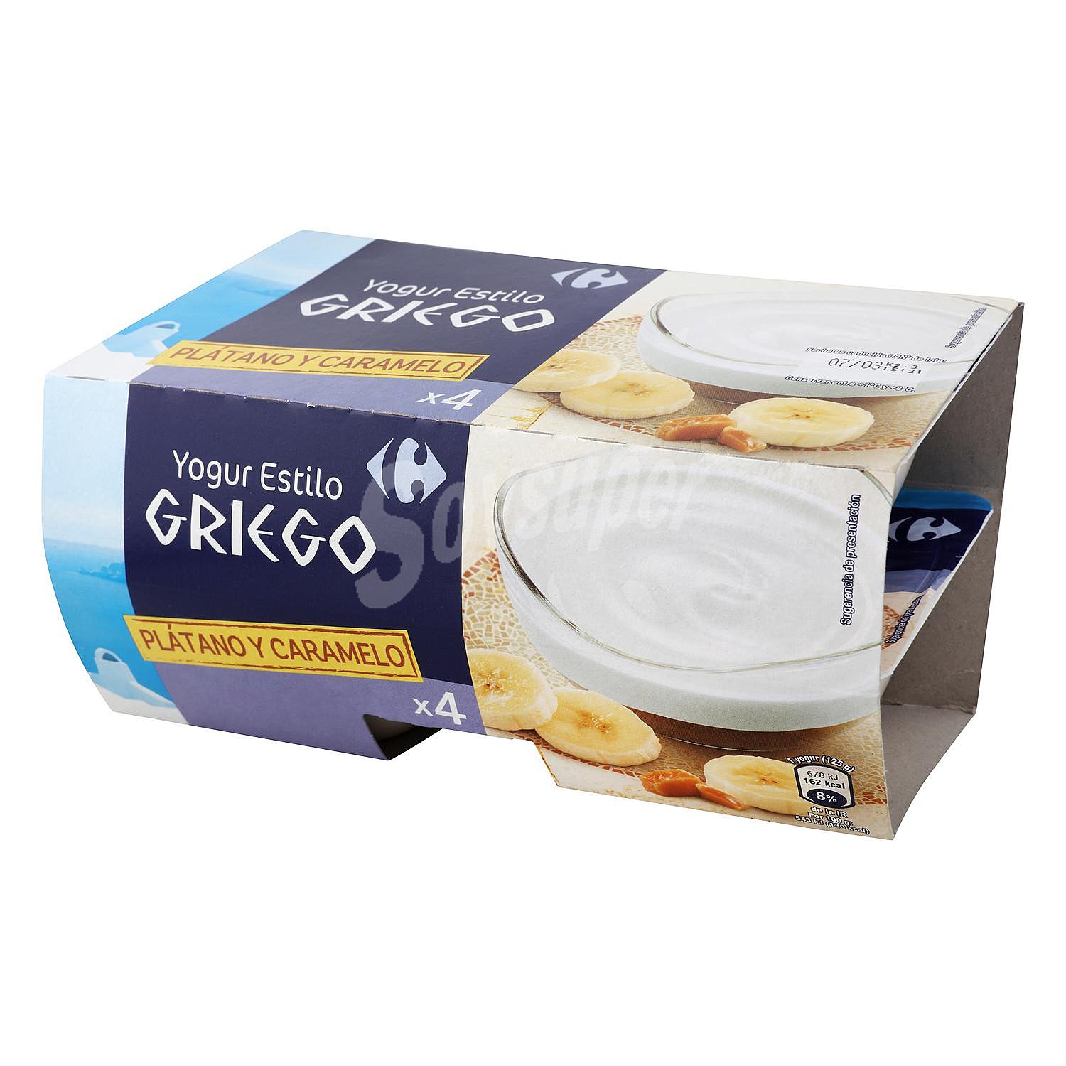 Yogur griego bicapa de plátano y caramelo Carrefour sin gluten