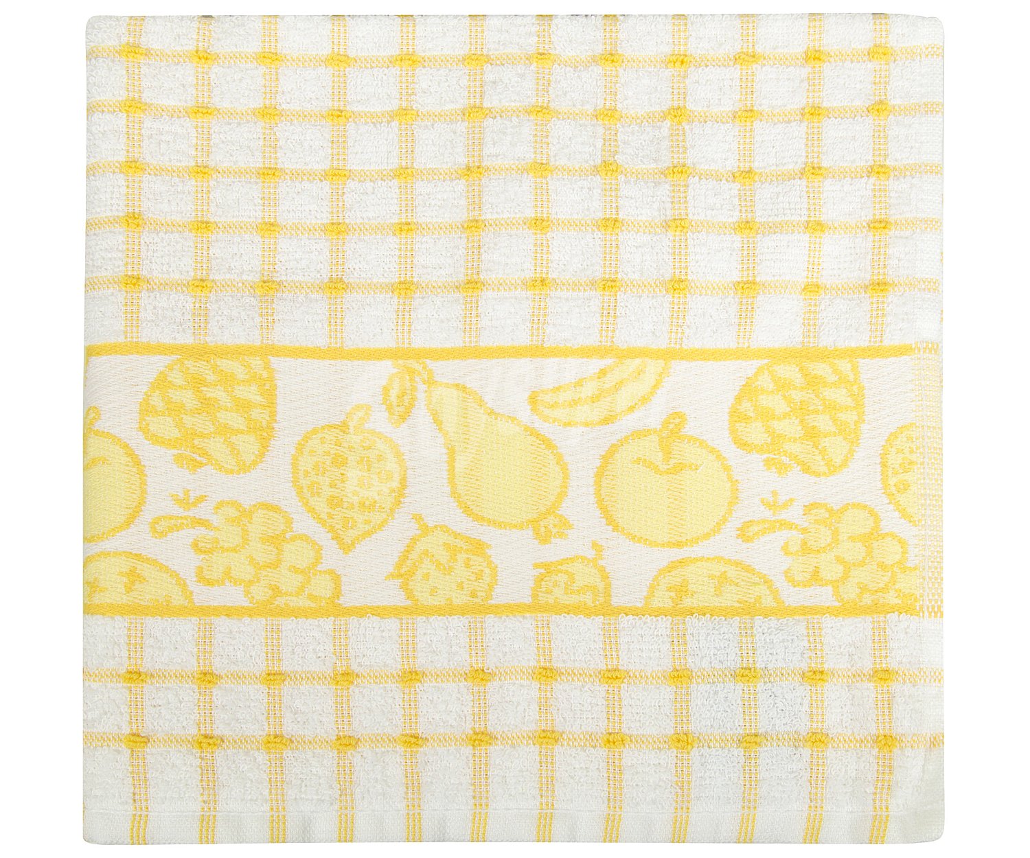 Paño de cocina con estampado de cuadros y frutas color amarillo, 380g., 100% algodón alcampo