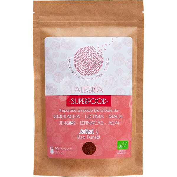 Alegría Superfood preparado en polvo ecológico de Elsa Punset envase 150 g con remolacha, lúcuma, maca, jengibre, espinacas y acai