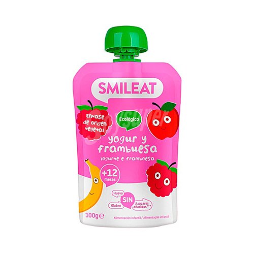 Smileat Bolsita de yogur y frambuesa ecológica, a partir de 12 meses smileat