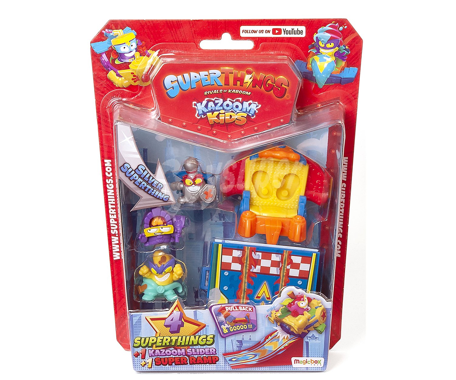 Pack de 4 figuras, 1 Kazoom y 1 Rampa superthings.