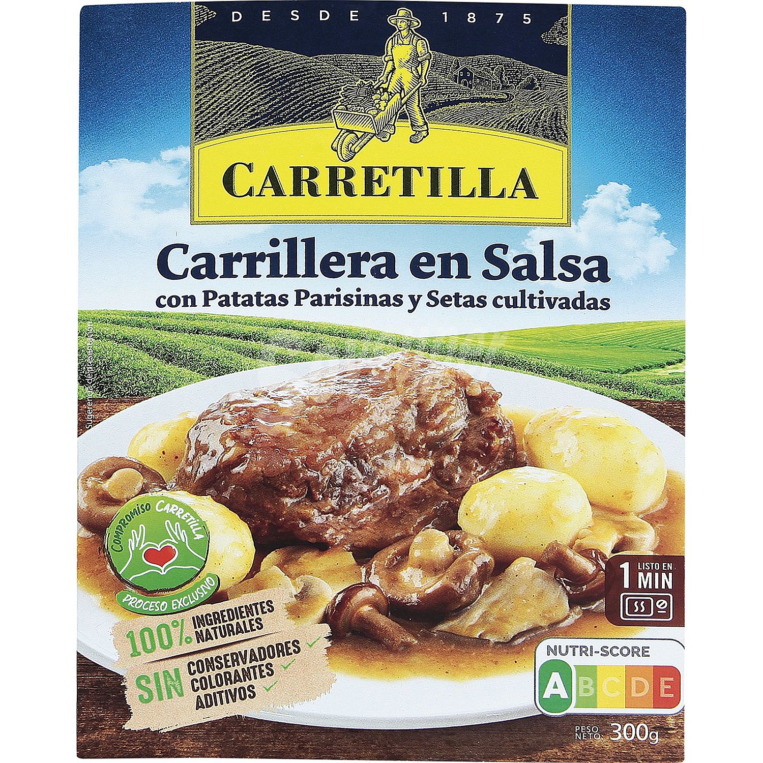 Carrilleras en salsa, con patatas Parisinas y setas cultivadas carretilla