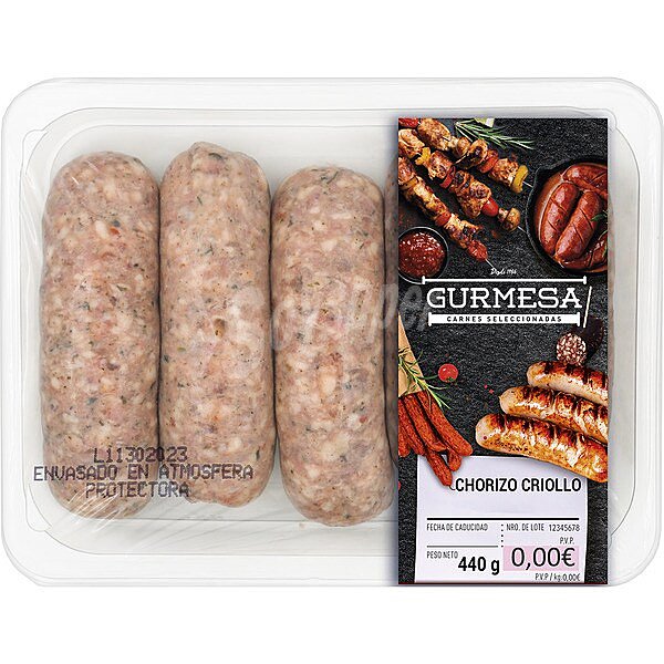 Chorizo criollo sin gluten peso aproximado bandeja 450 g