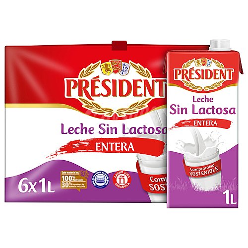 President Leche de vaca entera y sin lactosa de origen 100% española president