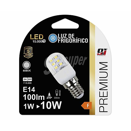 Bombilla Led especial frigorífico E14, 1W=10W, luz neutra , nine&one