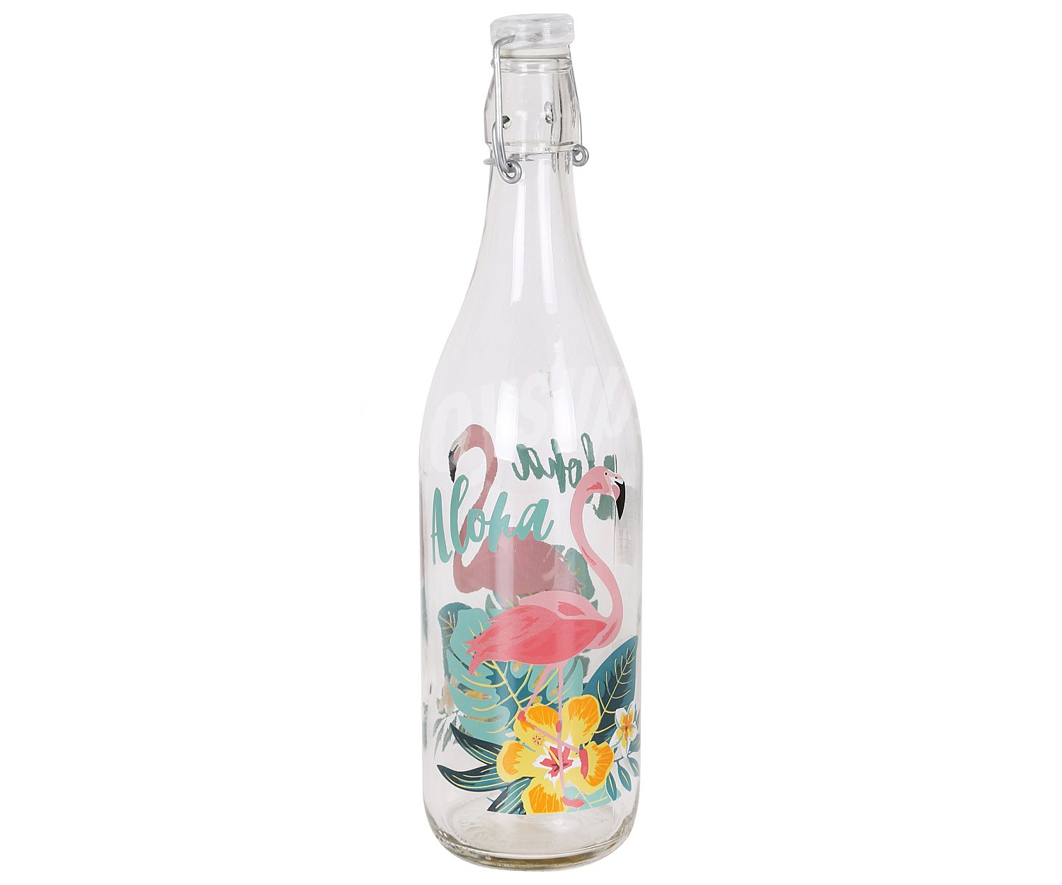 Botella de vidrio decorado Aloha Flamenco y tapón de clip, 1 litro, home.