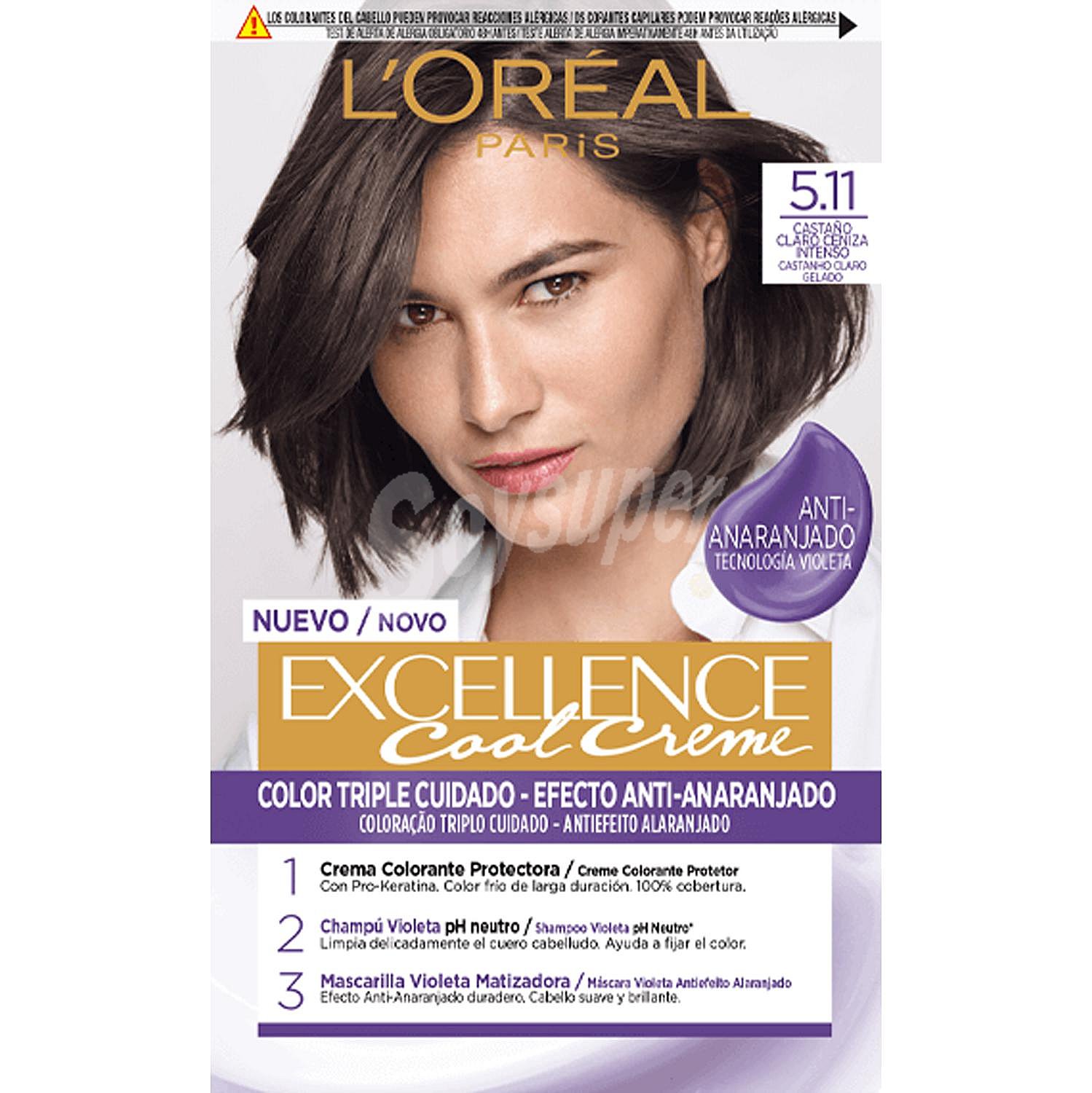 Tinte permanente tono 5.11 castaño claro ceniza intenso Excellence Cool Creme l'oréal Paris