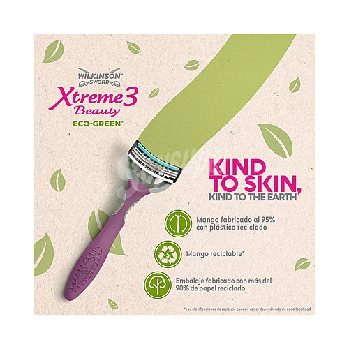 Wilkinson Maquinila de depliar para mujer desechable, con cabezal de 3 hojas wilkinson Xtreme 3 beauty eco-green