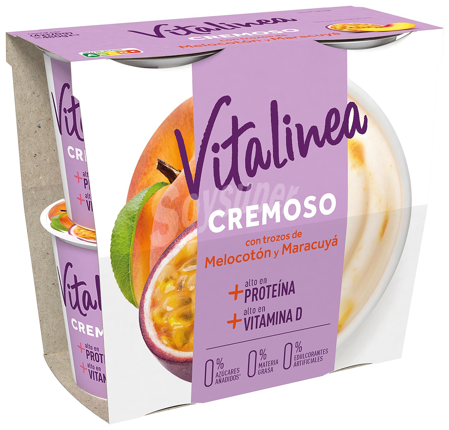 Yogur desnatado cremoso con trozos de melocotón y maracuyá sin azúcar añadido Danone Vitalinea sin gluten