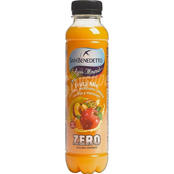 Fruta Mix Zero agua mineral con zumo de manzana, melocotón, platano,naranja y maracuya sin azúcares añadidos