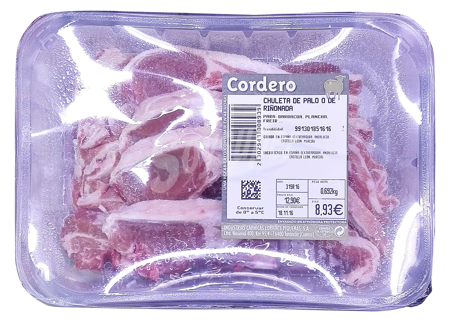 Cordero chuletas palo y riñonada fresco