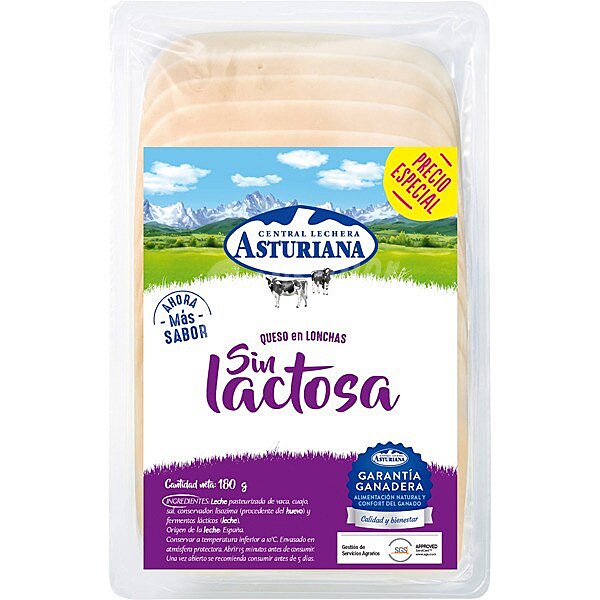 Queso elaborado con leche de vaca en lonchas sin lactosa