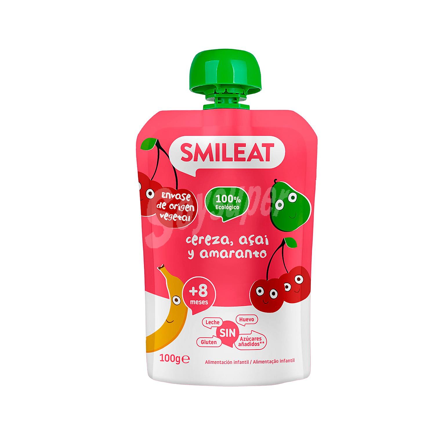 Bolsita de cereza, açai y amaranto desde 8 meses ecológico Smileat sin gluten y sin lactosa