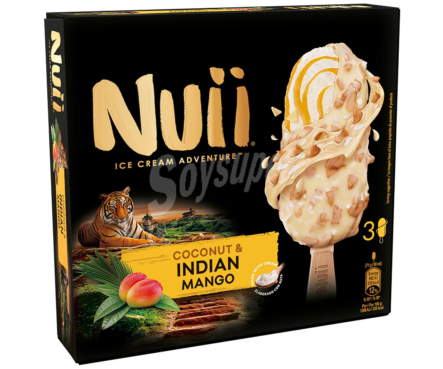 Nuii Bombón de helado de coco y mango de la India, recubierto de chocolate blanco nuii