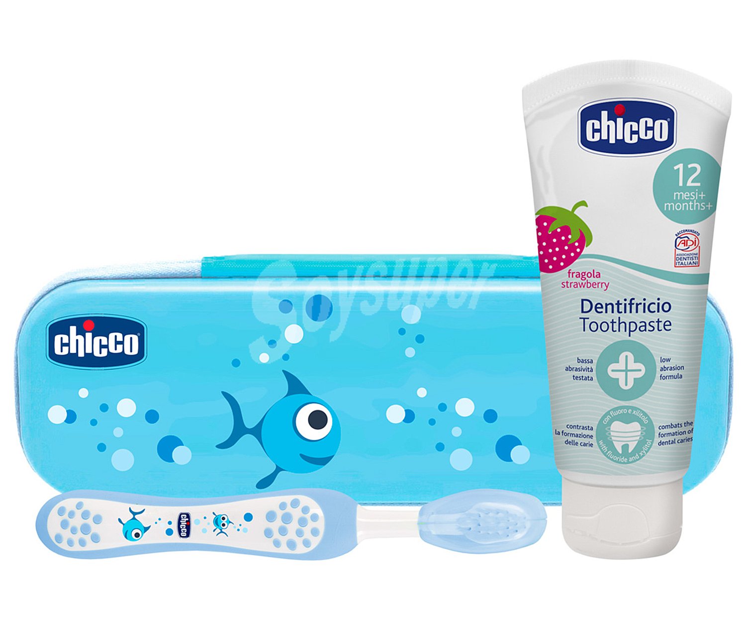 Set dental infantil con estuche y cepillo de color azul, a partir de 12 meses