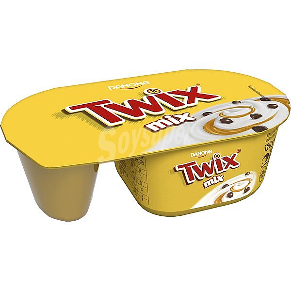 Twix Bicomp yogur natural con salsa de caramelo,trozos de galleta y cobertura de chocolate