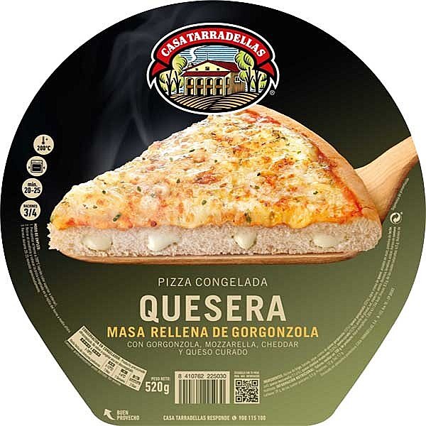 Pizza congelada de queso (gorgonzola, Mozzarella, Cheddar y queso curado), com masa rellena de Gorgonzola quesera