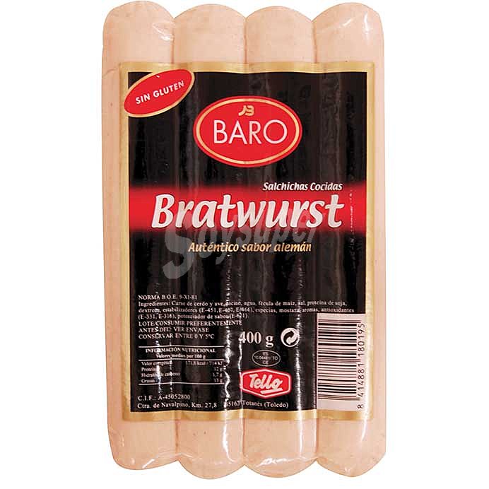 Baro Salchichas cocidas y con ahumado natural tipo Bratwurst baro