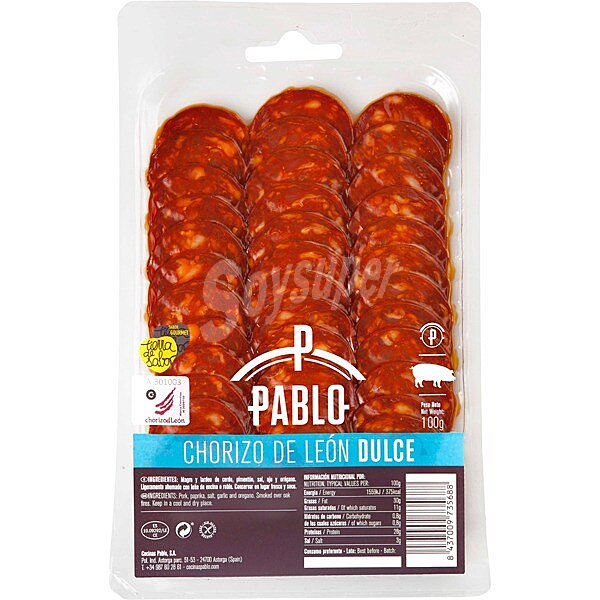 Chorizo de León dulce en lonchas sin gluten