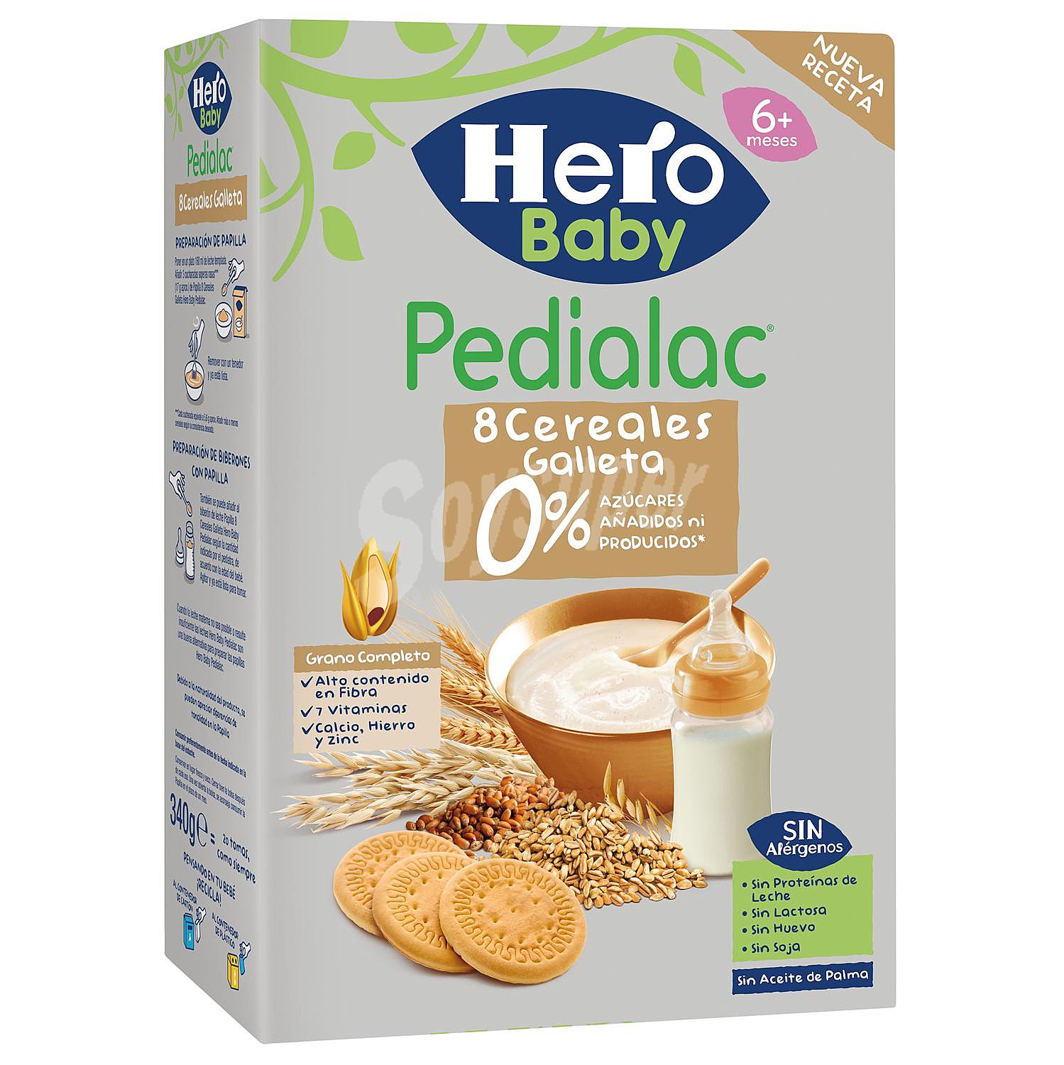 Papilla infantil desde 6 meses 8 cereales galleta Hero Baby Pedialac sin lactosa sin aceite de palma