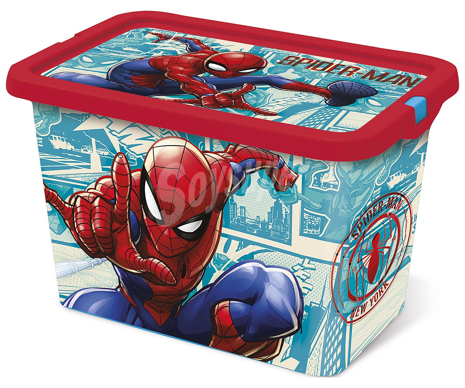 Caja infantil para ordenación con diseño de Spiderman y tapa cierre click, 13 litros, disney.