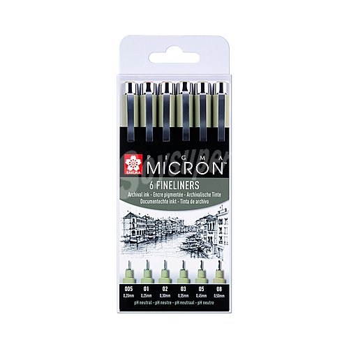 Set 6 pigma micron, color negro tinta archival, sakira