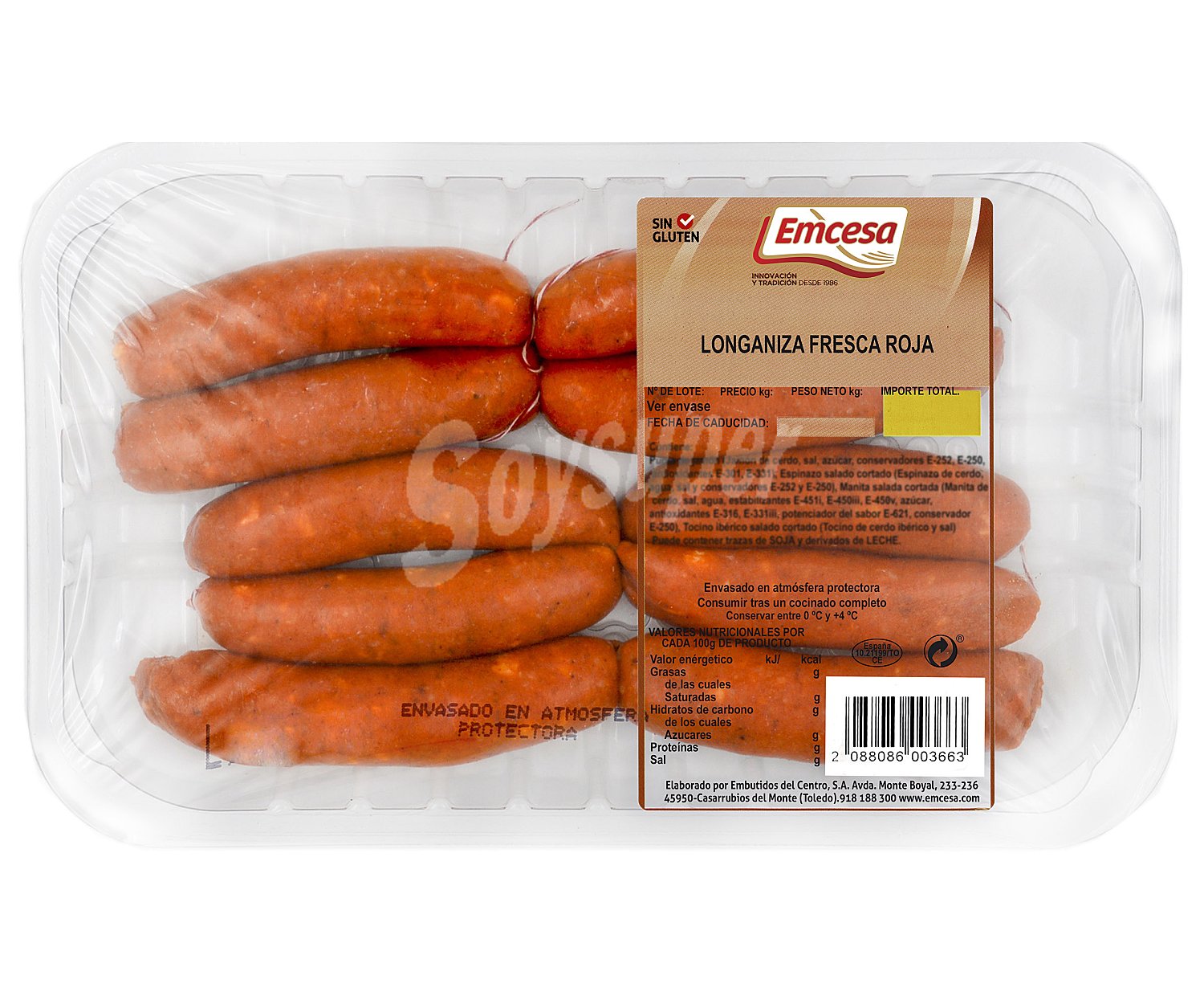 Bandeja de longaniza fresca roja de categoria extra y elaborada sin gluten