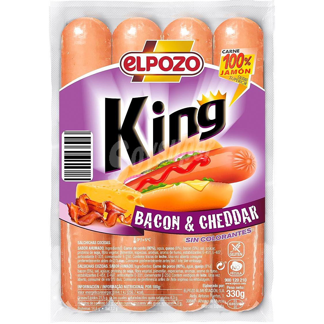 King salchichas cocidas de cerdo sabor ahumado con bacon y cheddar sin gluten 4 piezas