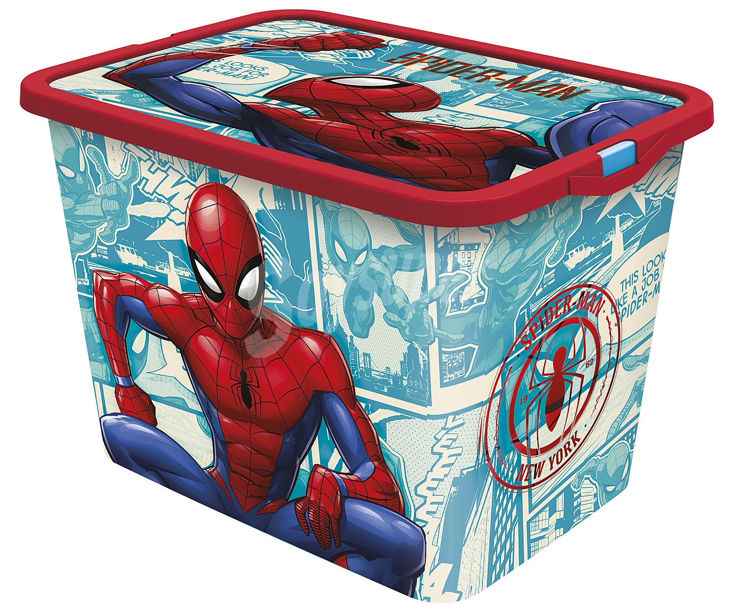 Caja infantil para ordenación con diseño de Spiderman y tapa cierre click, 7 litros, disney.