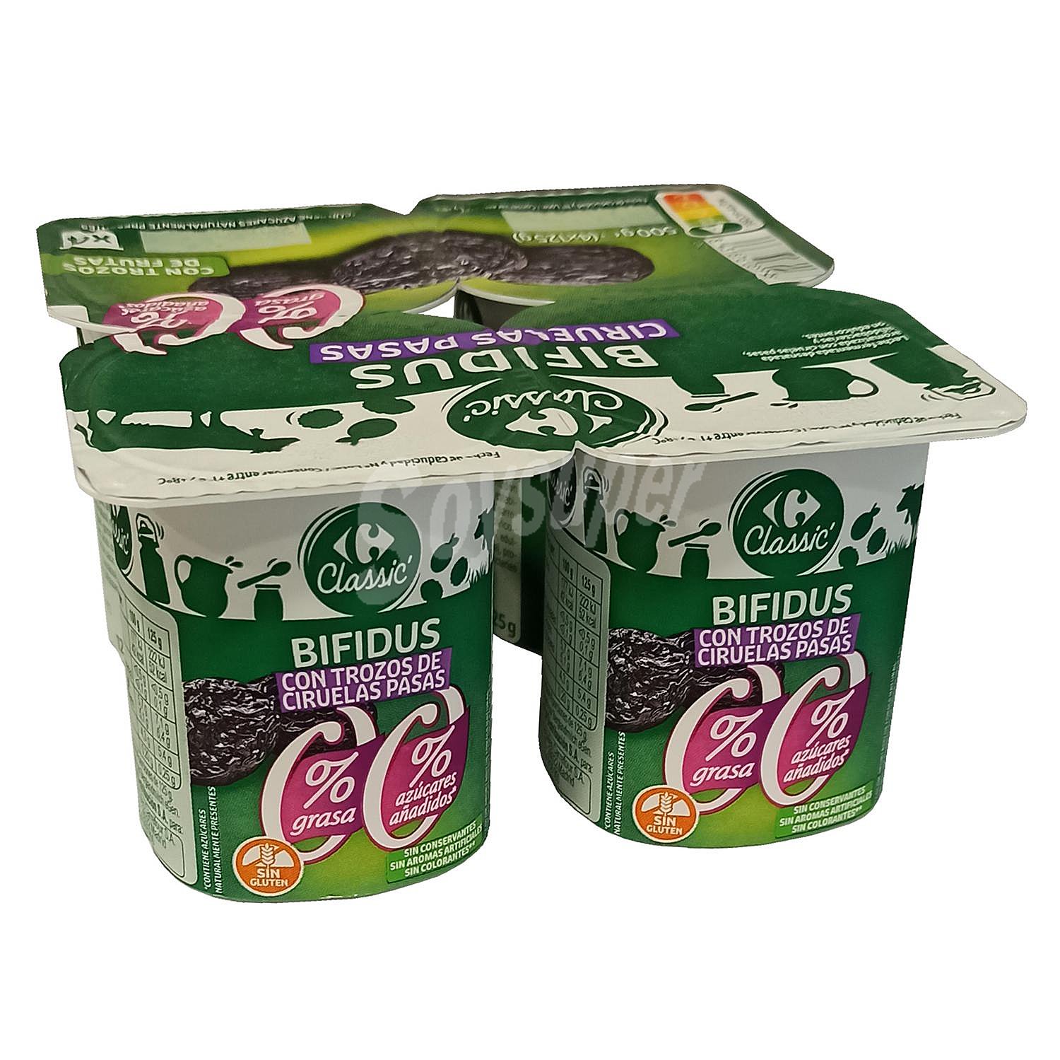 Yogur bífidus desnatado con trozos de ciruelas pasas sin azúcar añadido Carrefour Classic' sin gluten