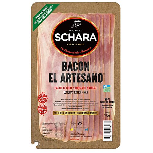 Schara Bacon cocido y ahumado natural, sin corteza y sin ternilla, cortado en lonchas extrafinas SCHARA100