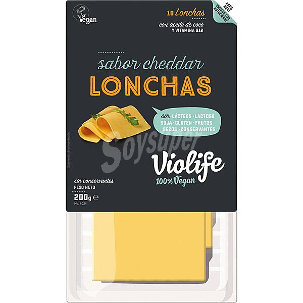 Lonchas sabor cheddar con aceite de coco, sin gluten, lácteos ni lactosa