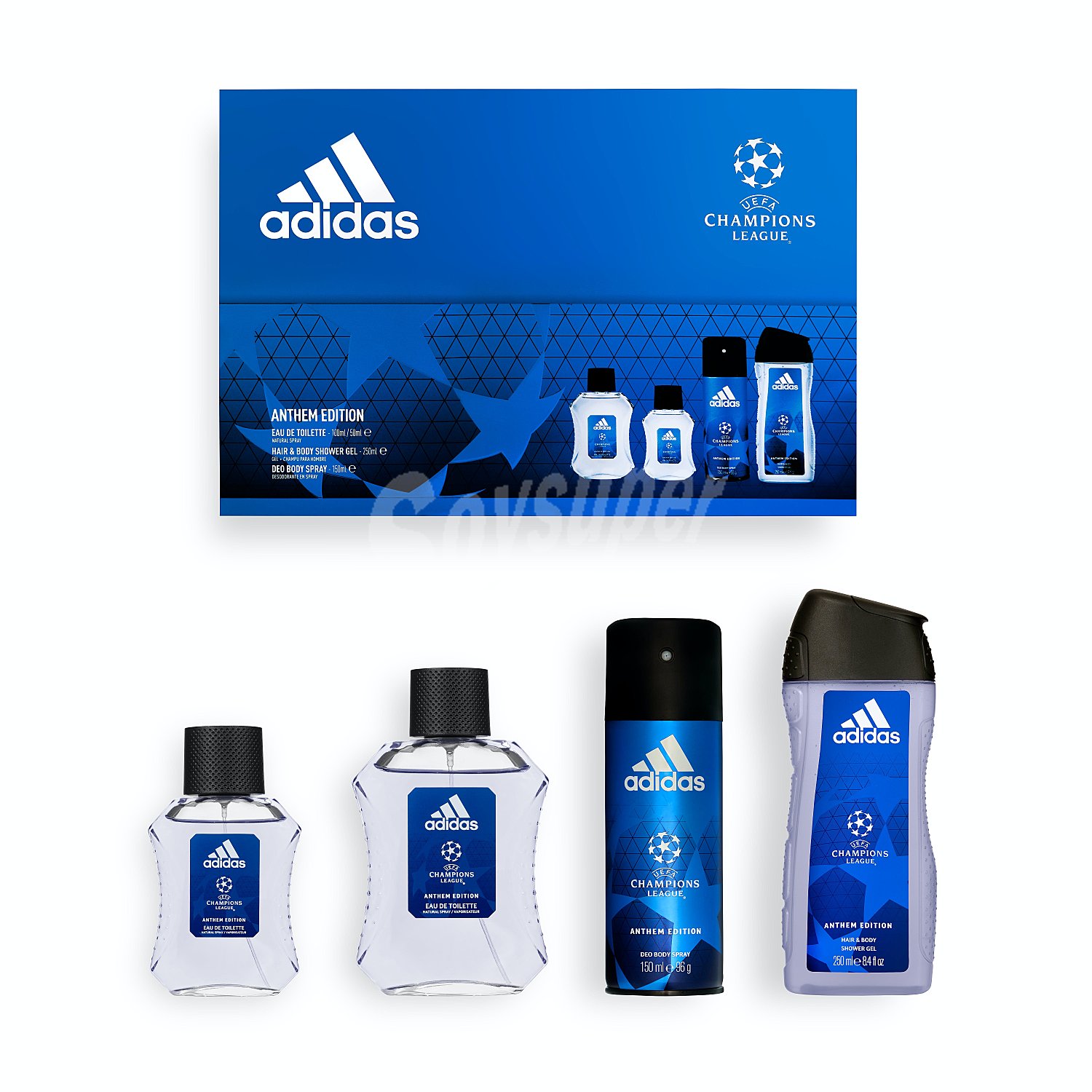 Lote hombre uefa anthem eau de toilette (vaporizador 100 ml) + eau de toilette (vaporizador 50 ml) + desodorante (spray 150 ml) + gel / champú (bote 250 ml)