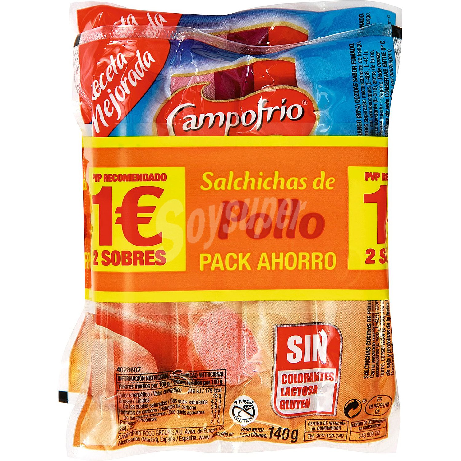 Salchichas cocidas de pollo sabor ahumado sin gluten pack 2 x 140 G