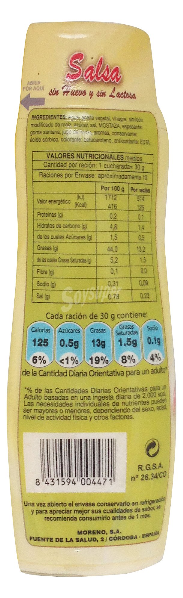 Mayonesa sin huevo Musa sin gluten y sin lactosa