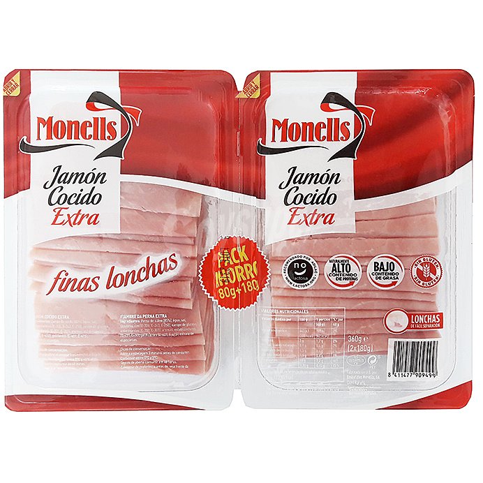 Monells Jamón cocido de categoria extra, cortado en finas lonchas monells