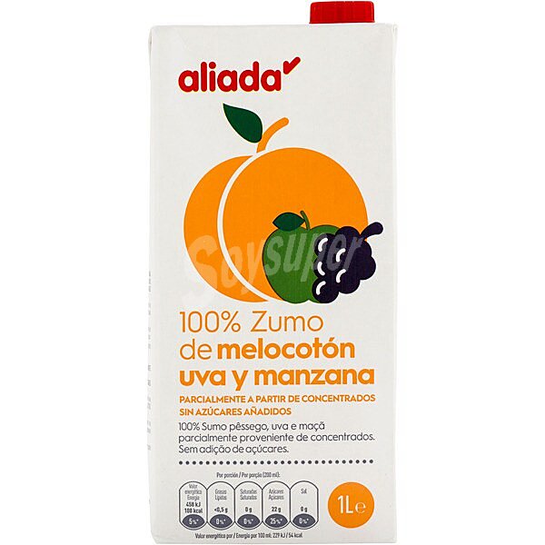 100% de zumo de melocotón, uva y manzana