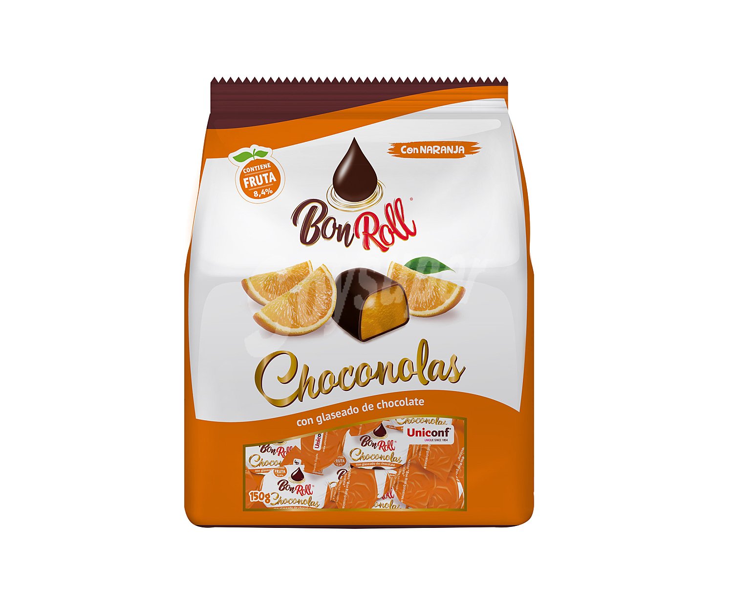 BON roll Caramelos de goma glaseados sabor naranja con glaseado chocolate BON roll choconolas